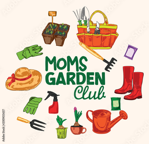 Mom’s Garden Club Poster with Gardening Tools and Plants Vintage Spring Concept