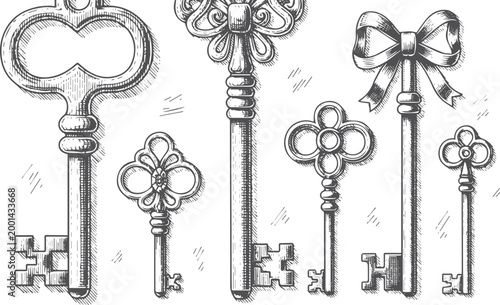 Set of five vintage skeleton keys with ornate bows and ribbons