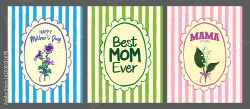 Retro Stripes Floral Mother’s Day Poster Set Vintage Celebration Design