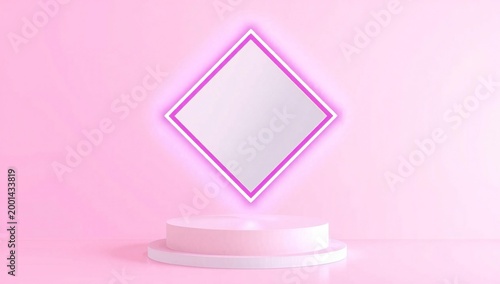 Abstract pink diamond shaped neon frame floating above a pedestal