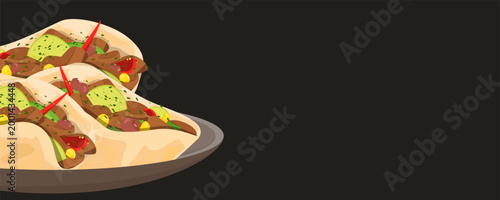 Web banner template with traditional mexican tacos featuring meat avocado and vegetables on dark background. Flat vector illustration with generous copy space for restaurant menu or cafe promotion. 