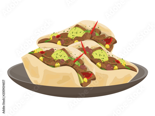 Delicious mexican tacos set with beef avocado beans and corn on ceramic plate. Flat vector illustration of authentic street food isolated on white background.