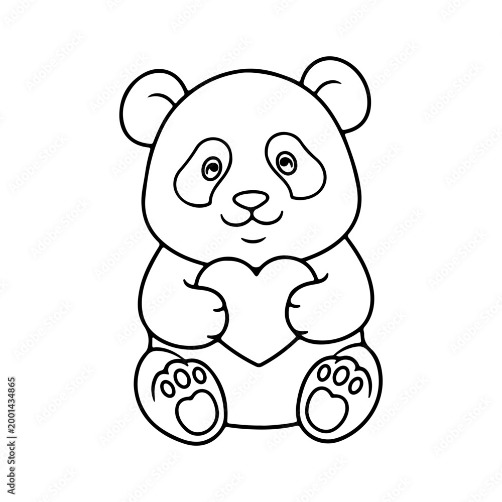 Fototapeta premium Outline drawing of a cute panda holding heart with big rounded shapes Vector illustration