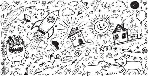 Seamless doodle background with houses, rocket, sun, dog, and monster in sketch style.