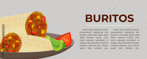  Web banner template with traditional mexican burrito wrap spicy vegetables and tomatoes on plate. Flat vector illustration with space for your text for restaurant menu or food delivery blog.