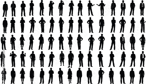Large collection of business people silhouettes standing in professional poses, diverse group of office workers, entrepreneurs, and corporate men and women vector set for commercial design.