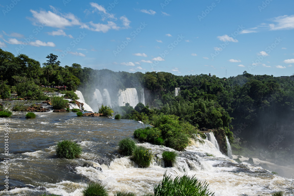 Fototapeta premium Awe inspiring majestic iguazu falls river cascade in green forest under blue sky