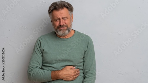 An older man experiences pain in the pelvic area, illustrating symptoms related to prostate issues or urinary bladder conditions.