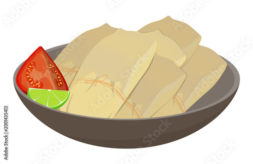 Authentic mexican tamale dish wrapped in corn husks served with fresh lime and tomato slice on plate. Flat vector illustration of latin american cuisine isolated on white background.