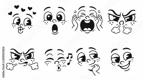 Set cartoon faces showing emotions like surprise, love, anger, and laughter on white background. Perfect for comics, stickers, and emoji design.