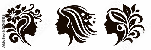 Three compact decorative female face silhouettes with intricate floral and swirl ornamentation on a transparent background. Suitable for beauty logos and feminine design projects.