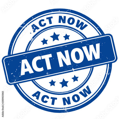 Blue grunge round stamp badge with Act Now bold call-to-action text on transparent background. Distressed retro seal for urgency marketing, limited time offers and action-driven promotions.