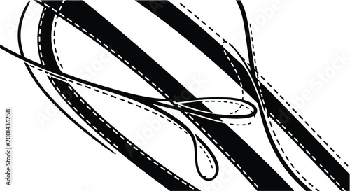 black and white abstract road illustration with dashed lines and curves