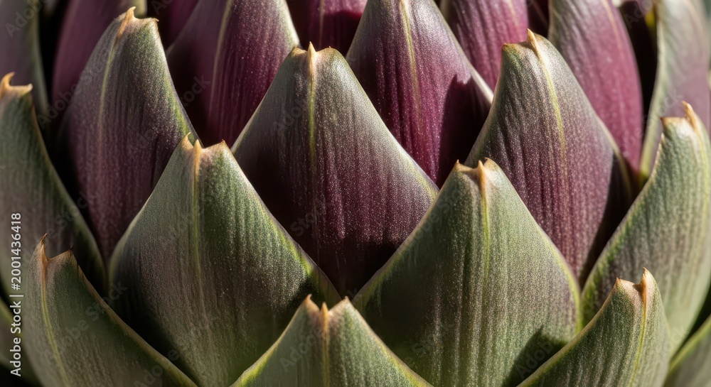 Fototapeta premium Fresh globe artichoke displays intricate purple and green layered bracts in a photograph.