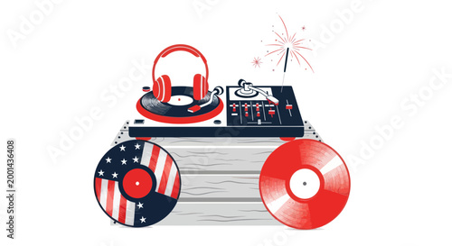 American DJ setup, patriotic turntable, red headphones, vinyl records, party music equipment