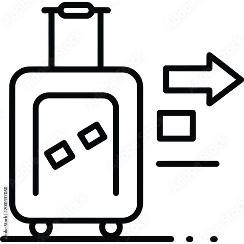 Black and white icon of a suitcase with an arrow
