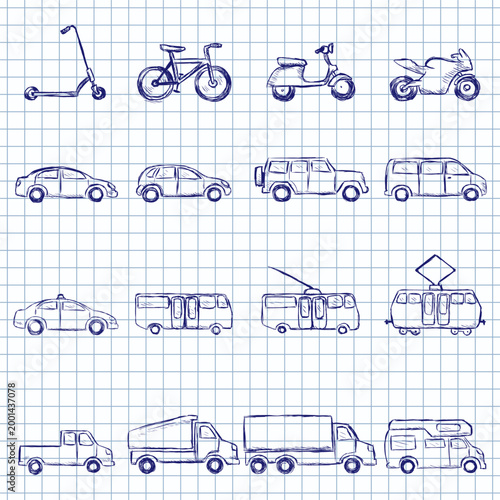 Blue Ink Sketch Set of Transportation Icons