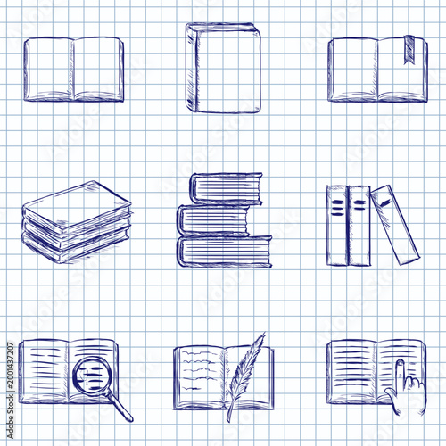 Blue Ink Sketch Set of Book Icons