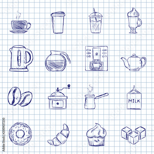 Blue Ink Sketch Set of Coffee Shop Icons