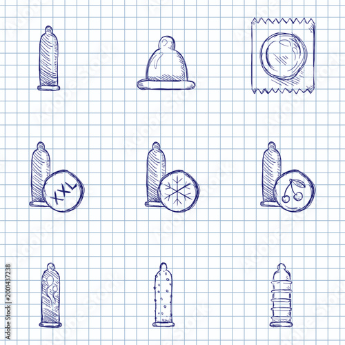 Quadro em tela Blue Ink Sketch Set of Condoms Icons