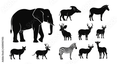 Collection of African Wildlife Silhouettes on White Background.