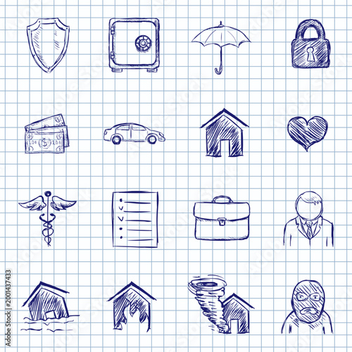 Blue Ink Sketch Set of Insurance Icons