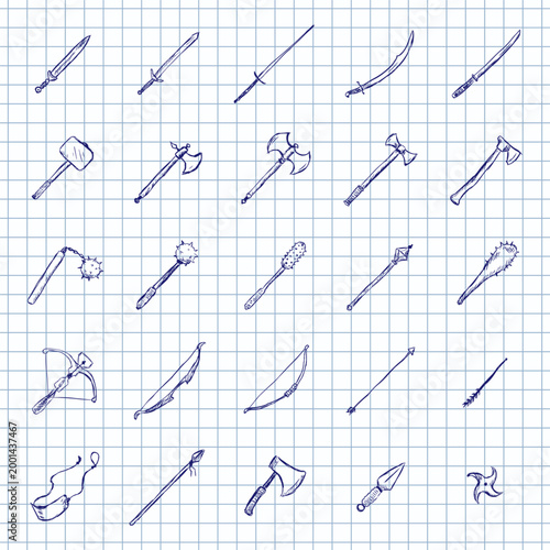 Blue Ink Sketch Set of Medieval Weapon Icons