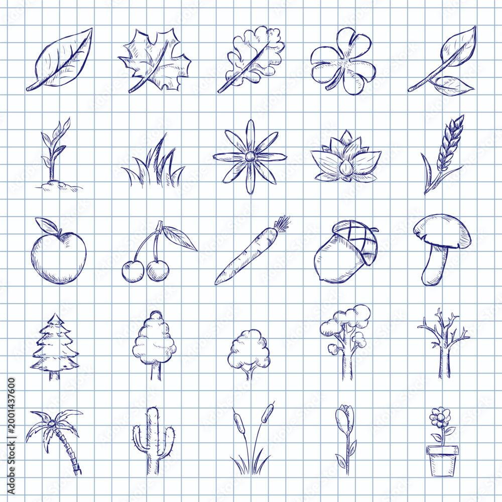 Fototapeta premium Blue Ink Sketch Set of Plant Icons
