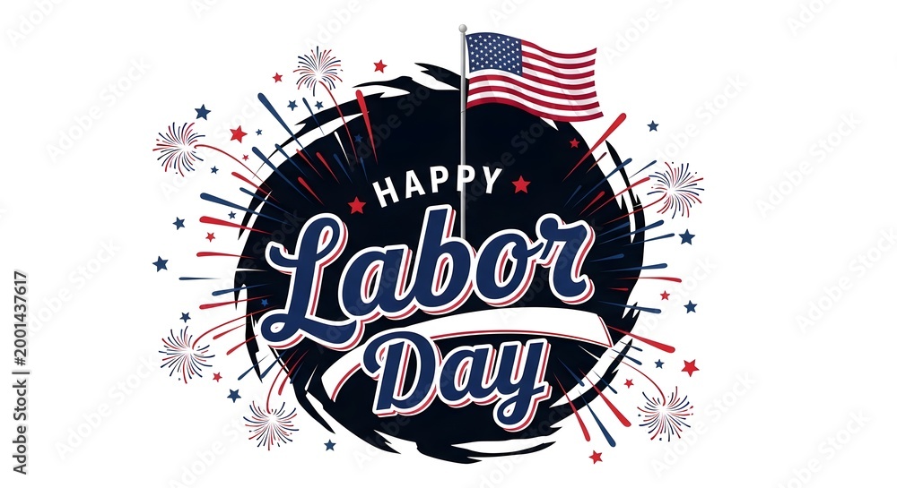 Fototapeta premium Happy labor day greeting card with american flag and fireworks