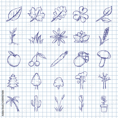 Blue Ink Sketch Set of Plant Icons