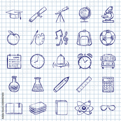 Blue Ink Sketch Set of School Icons