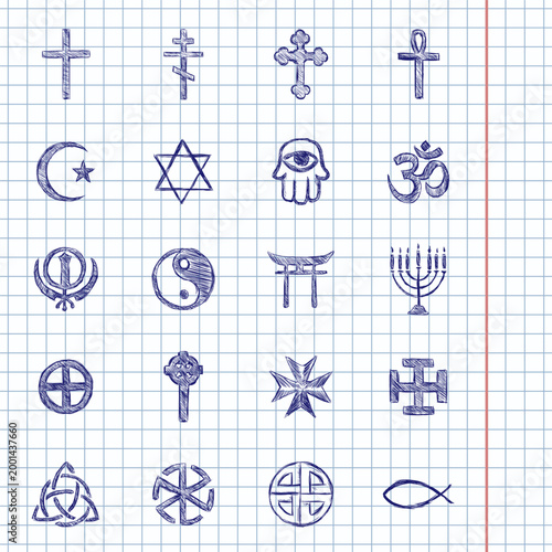 Blue Ink Sketch Set of Religion Icons