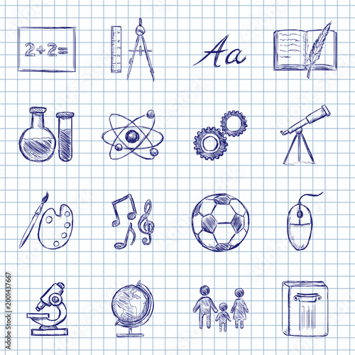 Blue Ink Sketch Set of School Subjects Icons