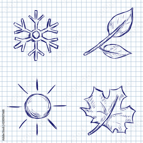 Blue Ink Sketch Set of Season Icons