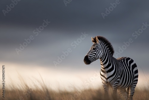 Zebra standing in savannah grassland, wildlife animal portrait with dramatic sky