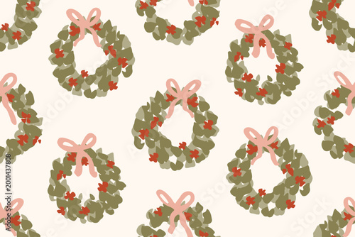 Hand painted pretty floral wreaths with bows, forming a cute minimalist holiday design in colors of green, red and pink on beige. Christmas seamless vector pattern. Great for home decor, fabric, gifts