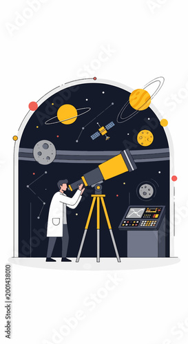 Scientist Observing Celestial Bodies Through a Powerful Telescope.
