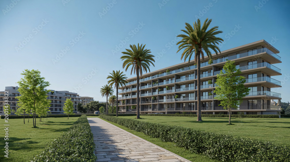 Fototapeta premium Modern residential building with palm trees and a green lawn through a stone path on a sunny day