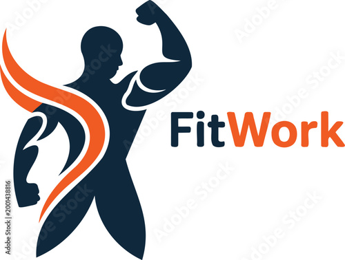 Fitness muscular man flexing arm muscles logo with orange and white accents and text