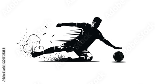 Silhouette of Soccer Player Kicking Ball with Dynamic Motion on Isolated White Background
