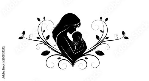Silhouette of Mother Holding Baby with Elegant Floral Scrollwork on Isolated White Background