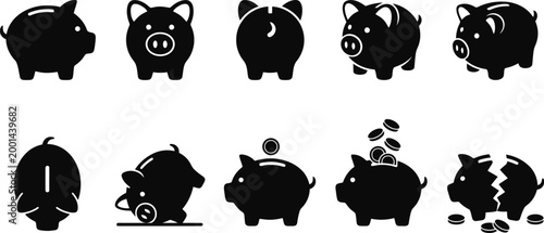 Obraz na płótnie Assorted Black Piggy Bank Icons Showing Saving and Broken States money finance