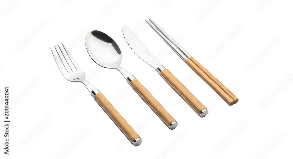 Fototapeta premium Set of modern cutlery with wooden handles and chrome finish