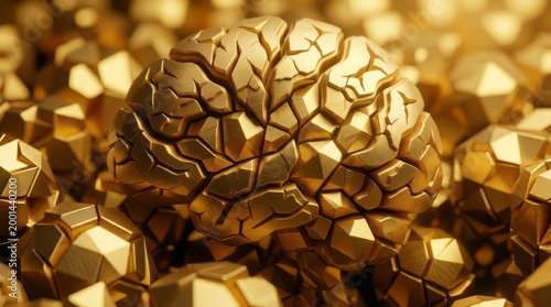 Golden Brain Among Geometric Shapes Gold Brain 3D Rendering Geometric Shapes Creativity Intelligence Art. Concept featuring gold, brain, 3d rendering, geometric shapes, creativity for professional ...