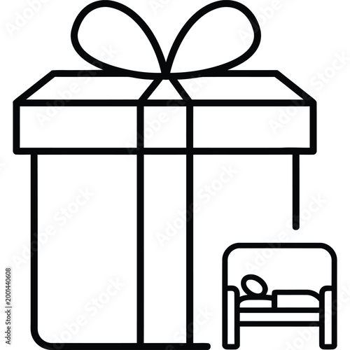 Black line icon of a gift box with a bed