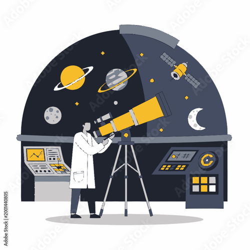 Observatory Scientist Using Telescope to Study the Planets and Stars.