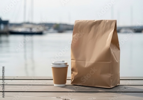 Brown paper bag and coffee cup on wooden table