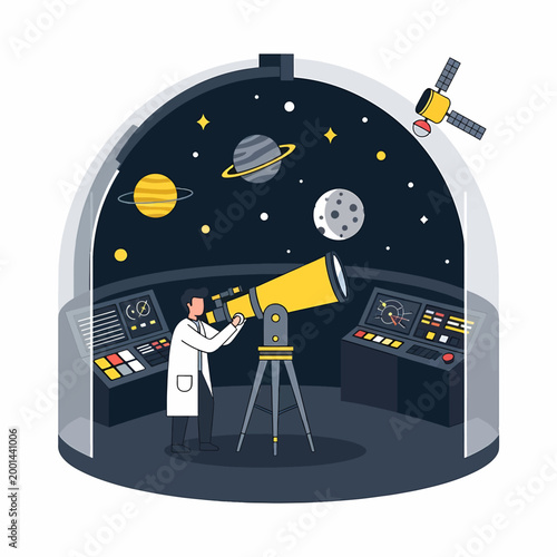 Observatory Scientist Using Telescope to Study the Planets and Stars.