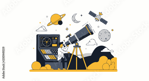 Observing the Cosmos - A Detailed Illustration of a Telescope.