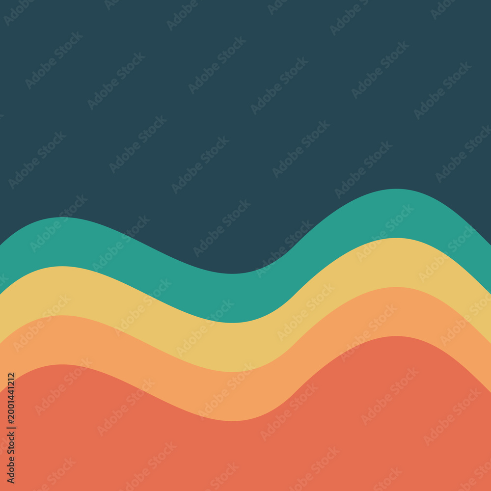 Obraz premium Minimalist abstract retro wavy layers in orange yellow and teal over dark blue background illustration